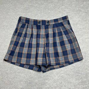 Potters Pot Womens Plaid Pleated Shorts Navy Orange High Waist Sz L Made in USA